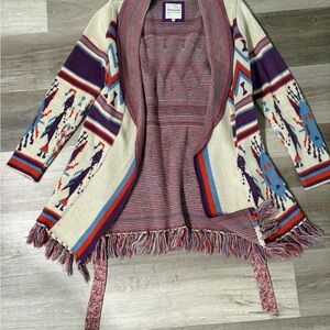 Heritage 1981 Cream & Purple Southwestern Fringe Cardigan
